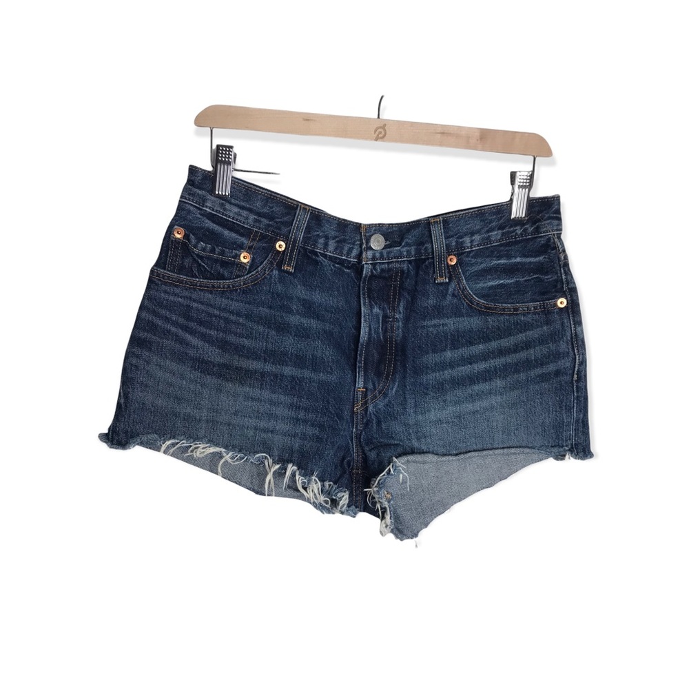 Levi’s 501 Dark Wash Button Fly Cut Off Raw Hem Booty Jorts Sz 29